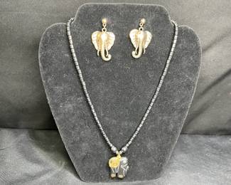 Vintage Hematite Elephant and Earrings