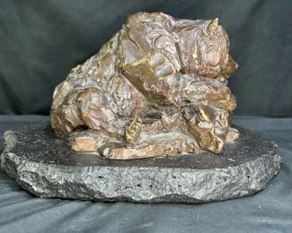 Large Bronze Bear Sleeping on Log Scuplture