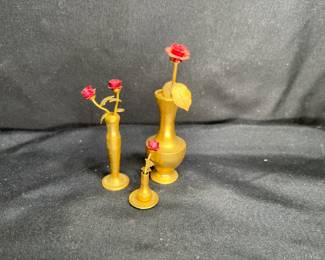 Brass Miniatures 3 Vases with 4 Roses