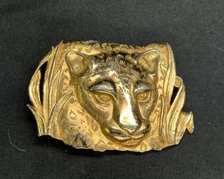 VTG JJ Jonette Shiny Gold Tone Leopard Face Brooch
