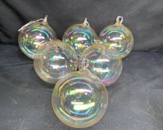 Six Iridescent Hand Blown Glass Ornaments