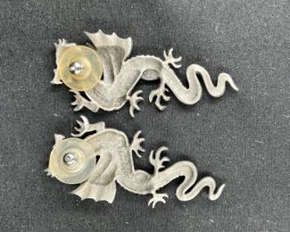 Vintage JJ Jonette Pewter Dragon Brooch & Earrings
