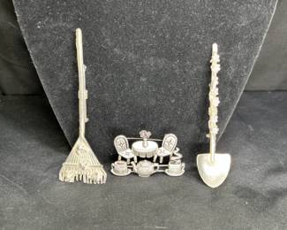 3 Vintage Rake, Shovel, & Tea Brooches