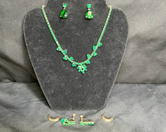 VTG Green Rhinestone Choker and 3 pairs Earrings