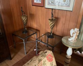 GLASS AND IRON END TABLES. UNIQUE LAMPS
