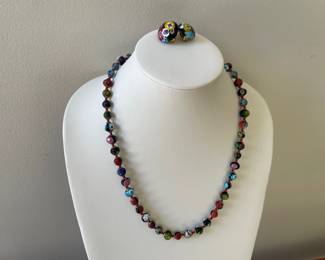 Lot 7419 Murano Millefiori Venetian Glass Beaded Necklace  Clip On Earrings