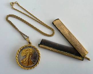 Lot 7654 1944 Walking Lady Liberty 90 Silver Half Dollar Coin Pendant Necklace  Folding Pocket Comb