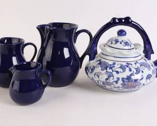 Lot 7636 Set of 3 Blue Ceramic Chantal Pitchers and 1 Blue and White Teapot