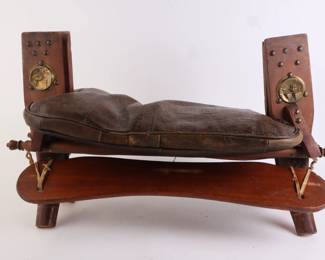 Lot 9838 Vintage Camel Saddle Footstool with Brass Accents