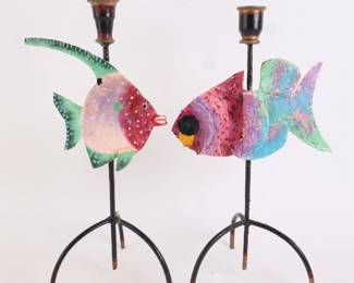 Lot 7637 Pair Hand Painted Fish Candlesticks
