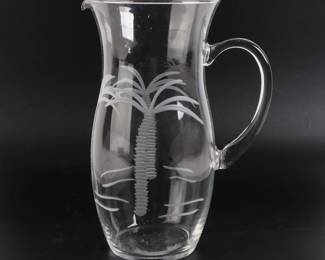 Lot 8131 Etched Glass Pitcher  Palm Trees