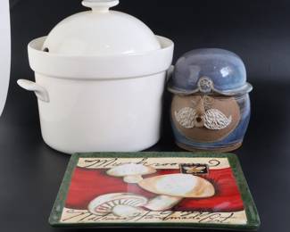 Lot 9833 Basket  Susan Wignet Ceramic Platter  White Ceramic Tureen  Pottery Policeman