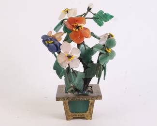 Lot 9815 Vintage Asian Brass Pot with Polished Stone Flowers