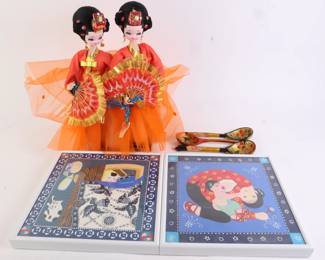 Lot 7606 Asian Doll  Framed Art Prints  Russian Painted Wooden Spoons
