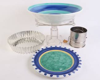 Lot 9835 Mixed Lot  Multicolor Italian Bowl  Portugal Plate  Glass Cake Stand Williams Sonoma Metal Sifter  Metal 2 Piece Pan Fruit Tart Pan