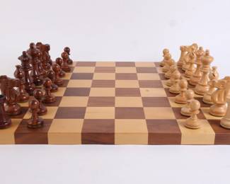Lot 9875 Wood Carved Chess Board and Game Pieces