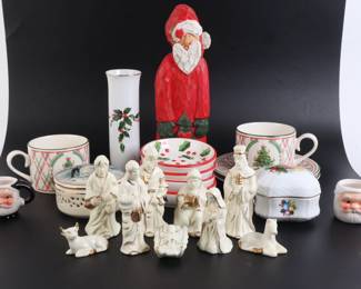 Lot 7621 Christmas Decor Lot  Some Vtg  9 Pc Nativity  Holly Coasters  2 Small Santa Mugs  Lefton Bud Vase  Santa  Snowman Lidded Trinket Dish