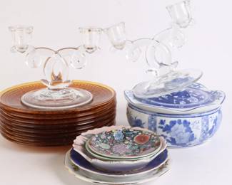 Lot 7644 Mixed Lot  Salad Plates  Candle Holders  Frog Lidded Dish  Misc