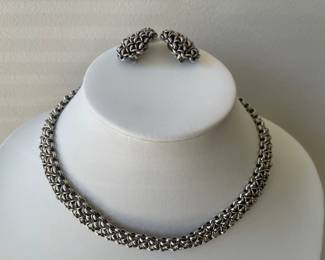 Lot 7415 Handmade Woven Sterling Necklace  Clip on Earring Set