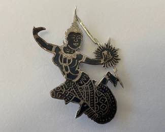 Lot 7404 Vintage Dancing Goddess Siam Sterling Silver Pin Brooch  Nielloware