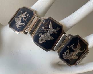 Lot 7402 Vintage Dancing Goddess Siam Silver Bracelet  Sterling  Nielloware