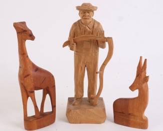 Lot 9814 3 Piece Wood Carved Figures  Animals  Man