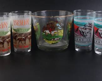Lot 8109 Horse Lot  Vtg Set of 4 Kentucky Derby Tumblers  Equestrian Ice Bucket
