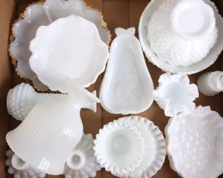 Lot 7627 Lot of 17 White Hobnail Milkglass Dishes Decor