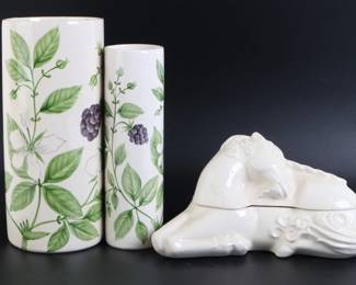 Lot 7624 Hand Painted Botanical Ceramic Vases  Ceramic Unicorn Lidded Dish