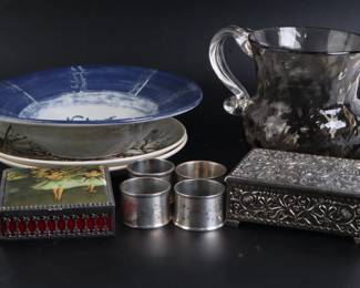 Lot 7629 Lot of Misc Home Decor  Trinket Boxes  Pottery  Glass Pitcher