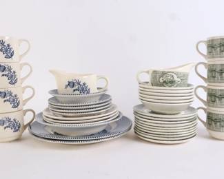 Lot 7638 Mixed Lot  Green Blue  Brown Transferware Dishes  Currier and Ives