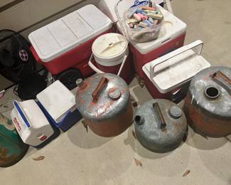 Miscellaneous coolers and vintage gas cana