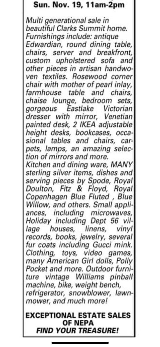 Tag Sale in Clarks Summit, PA starts on 11/18/2023