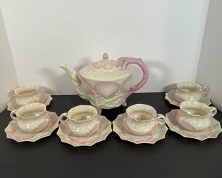 Belleek Porcelain Pink Sea Shell Tea Pot & Cups