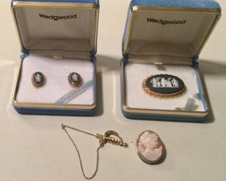 Black Wedgwood Cameo earrings and broach, shell cameo . Stick pin