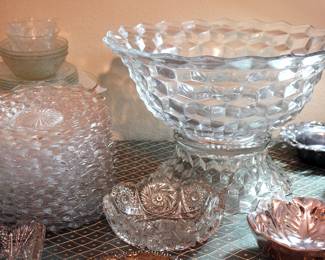 American Fostoria plates and punch bowl set