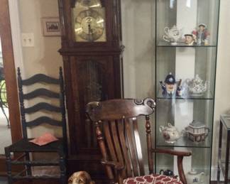 Very nice grandfather clock,  Swan rocker, second white display cabinet