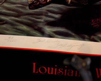 Signature and numbers on woodland print with ducks