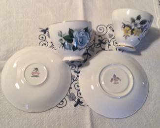 English cups and saucers, back stamp pictured