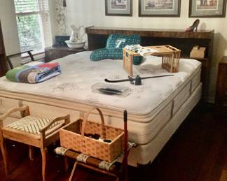 Mid Century bedroom king sized bed, dresser, shelve, and two c