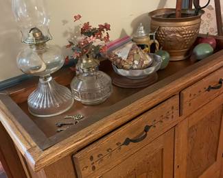 Oil lamps and dry sink. Copper lined 