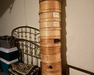 Brass bed. Can not find the rails. Hoop cheese boxes 