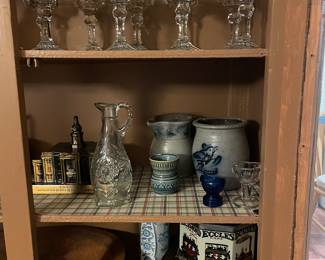 Goblets and stoneware  tins etc 