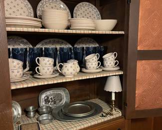 Pie safe w Laura Ashley dishes and pewter 