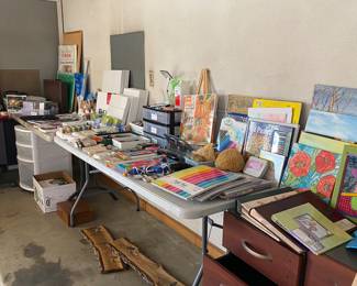 Acrylic art supplies, canvases, watercolor paper, ink Call my office storage, scrapbooking paper