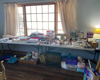 Linens, sewing items, bathroom items 