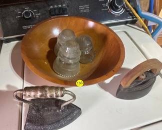 VINTAGE IRONS, INSULATORS, WOODEN BOWL