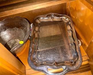 PUNCH BOWL AND SILVER PLATES TRAYS, ETC