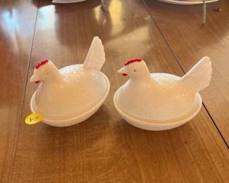 (2) MILK GLASS HEN ON NEST CANDY DISHES