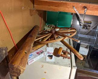 TWO ANTIQUE SPINNING WHEEL SECTIONS/PARTS